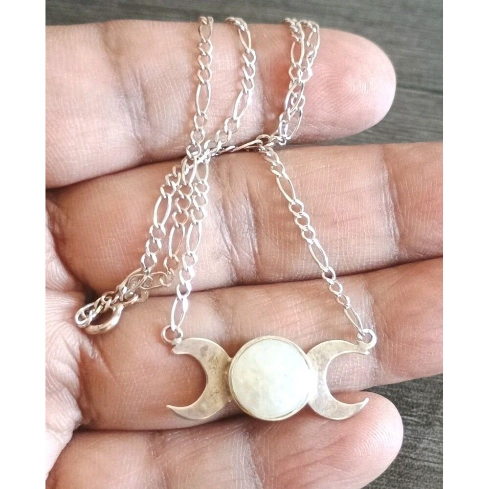 Triple Moon Goddess Moonstone Sterling Silver Necklace Tested